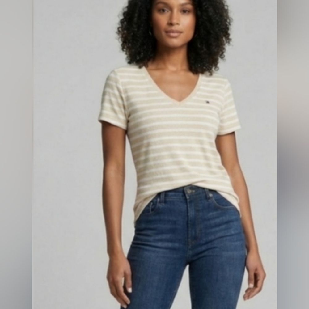 Tommy Hilfiger Women's Beige and White Striped V-Neck Tee - Picture 2 of 6